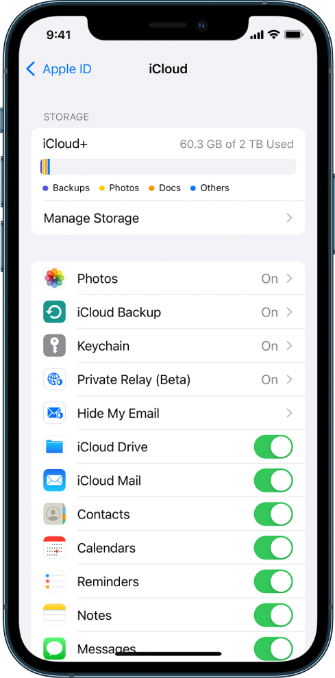 iCloud ချိန်ညှိမှုများ ဖန်သားပြင်သည် iCloud သိမ်းဆည်းမှုမီတာနှင့် iCloud နှင့် အသုံးပြုနိုင်သည့် Mail၊ Contacts၊ Messages အပါအဝင် အက်ပ်စ်များနှင့်အစီအစဉ်များစာရင်းကို ဖော်ပြထားသည်။