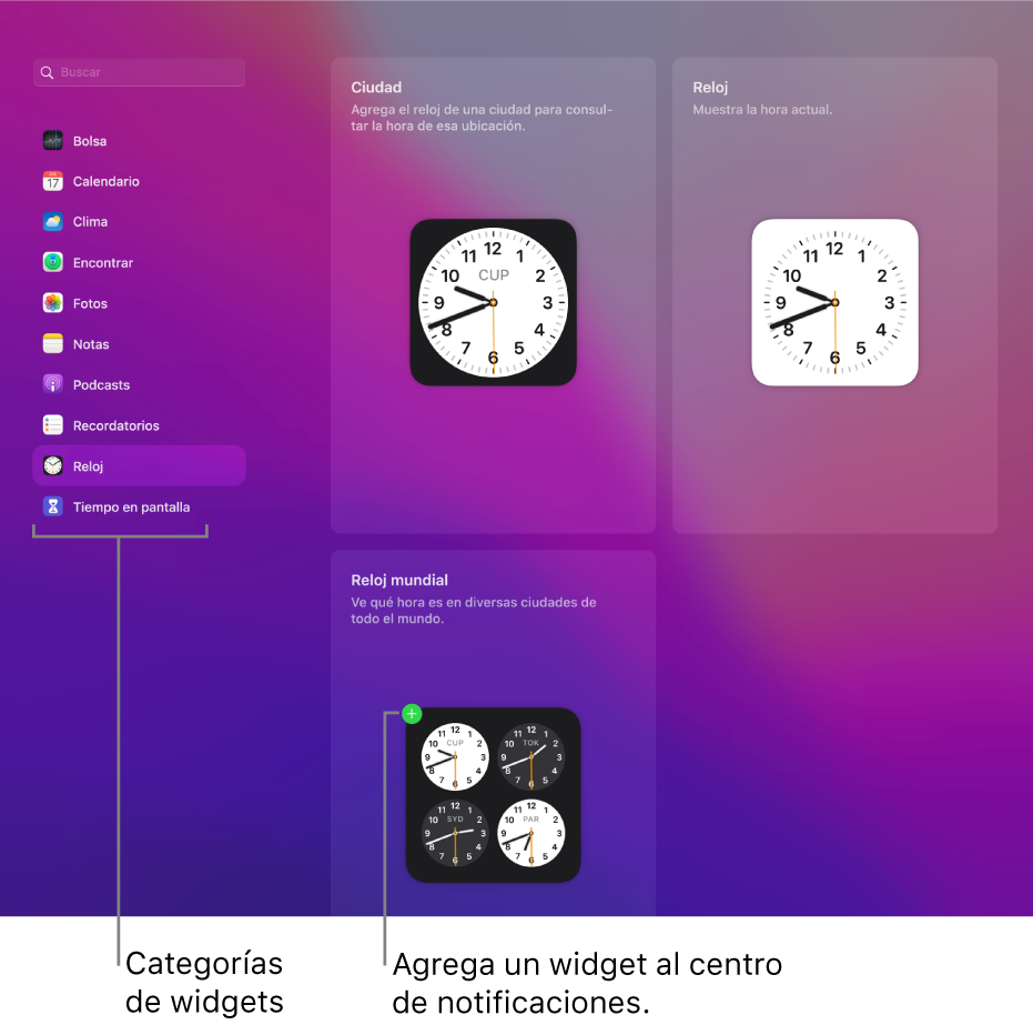 La lista de categorías de widget, con la categoría Reloj seleccionada. Se muestran los widgets de Ciudad, Reloj y “Reloj mundial”. Un signo de suma de color verde en el “Reloj mundial” indica que se puede agregar al centro de notificaciones.