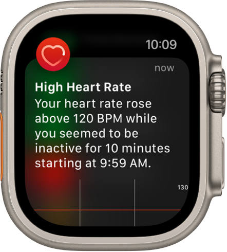 The High Heart Rate screen showing a notification that your heart rate rose above 120 BPM while you’ve been inactive for 10 minutes.