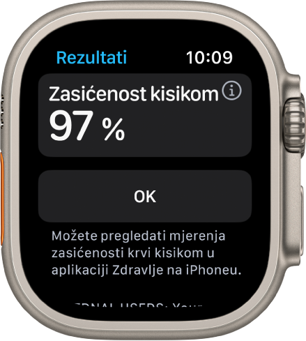 Zaslon s rezultatima zasićenosti kisikom s prikazom zasićenosti kisikom od 97 posto. Tipka Gotovo nalazi se ispod.