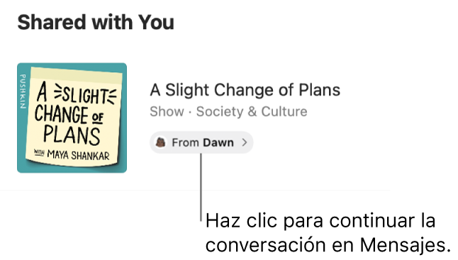 Un programa compartido contigo en Podcasts. Haz clic en la etiqueta De para continuar la conversación (enviar una respuesta) en Mensajes.