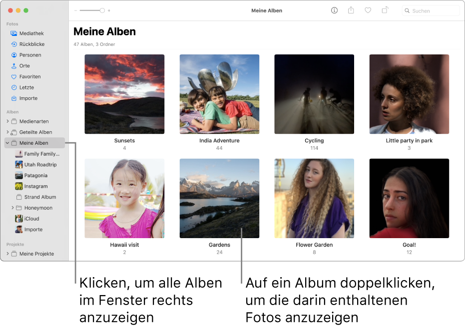 Das Fenster „Fotos“ mit ausgewähltem Ordner „Meine Alben“ in der Seitenleiste und den von dir erstellten Alben auf der rechten Fensterseite