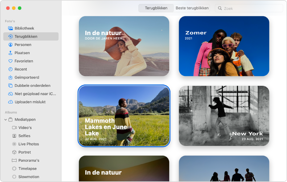 Het Foto's-venster met 'Terugblikken' geselecteerd in de navigatiekolom en terugblikken aan de rechterkant.
