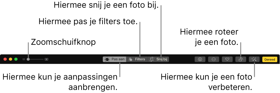 De knoppenbalk 'Bewerk' met een zoomschuifknop en knoppen waarmee je aanpassingen aanbrengt, filters toevoegt en foto's bijsnijdt, roteert en verbetert.