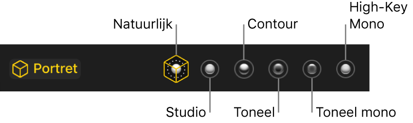 De beschikbare belichtingseffecten voor portretfoto's, met (van links naar rechts) 'Natuurlijk', 'Studio', 'Contour', 'Toneel', 'Toneel mono' en 'High-key mono'.