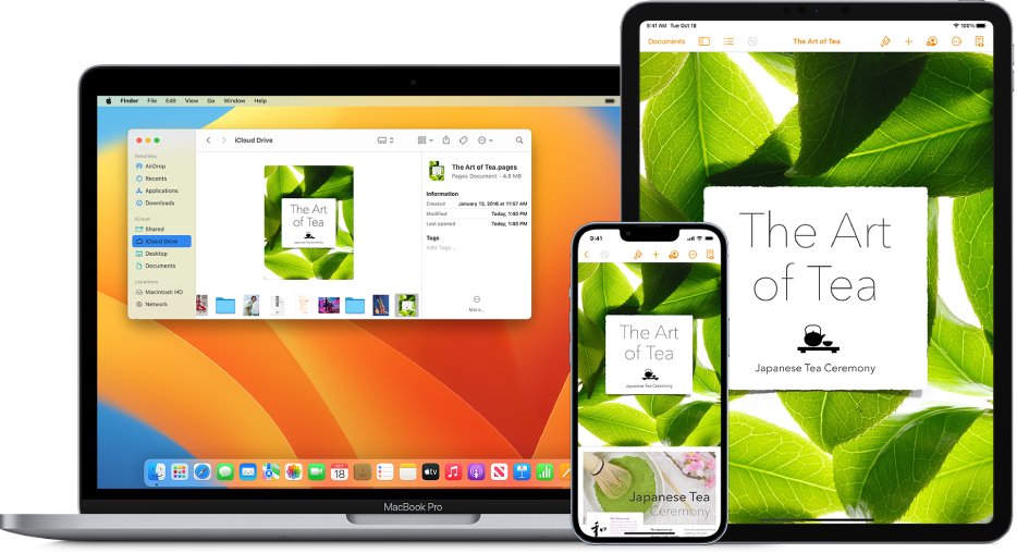 يظهر مستند Pages ذاته في iCloud Drive في نافذة فايندر على Mac وفي تطبيق Pages على iPhone و iPad.