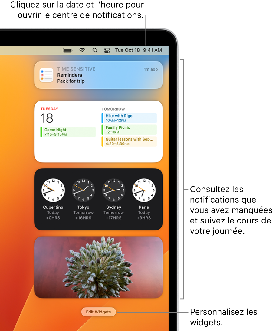 Notifications et widgets dans le Centre de notifications.