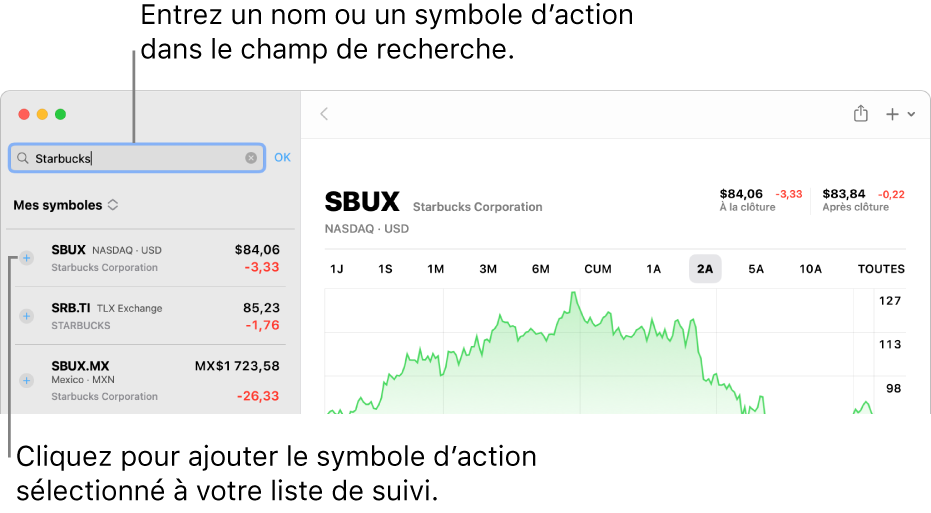 Une fenêtre de Bourse qui affiche le champ de recherche, une liste de résultats de recherche et le bouton Ajouter à la liste de suivi.