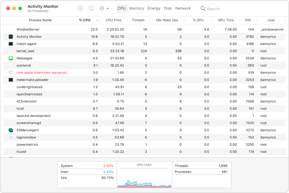 An unresponsive process in the Activity Monitor window.