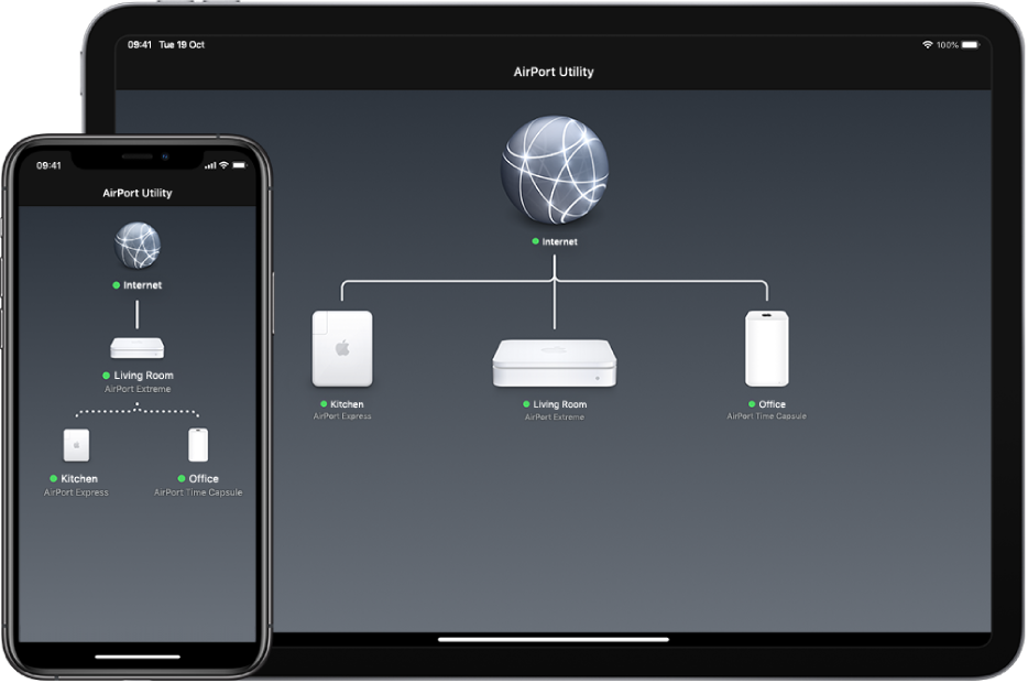 The graphical overview in AirPort Utility on iPhone and iPad.