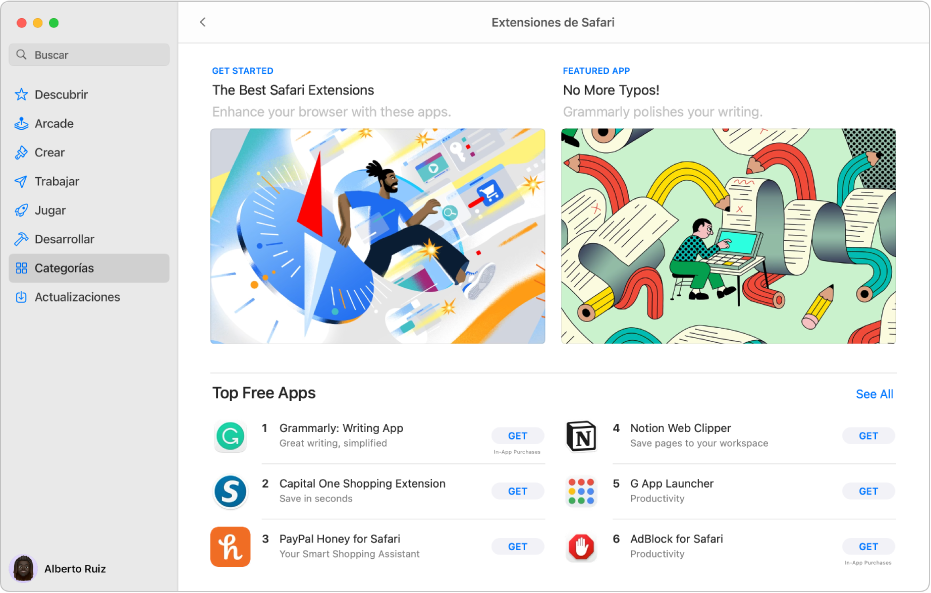 La página de extensiones de Safari de Mac App Store. La barra lateral de la izquierda incluye enlaces a otras páginas: Descubrir, Crear, Trabajar, Jugar, Desarrollar, Categorías y Actualizaciones. En la parte derecha están las extensiones de Safari disponibles.