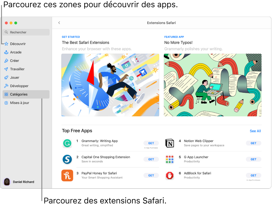 Page principale des extensions Safari du Mac App Store. La barre latérale située à gauche comprend des liens vers d’autres pages : Découvrir, Arcade, Créer, Travailler, Jouer, Développer, Catégories et Mises à jour. À droite se trouvent les extensions Safari disponibles.