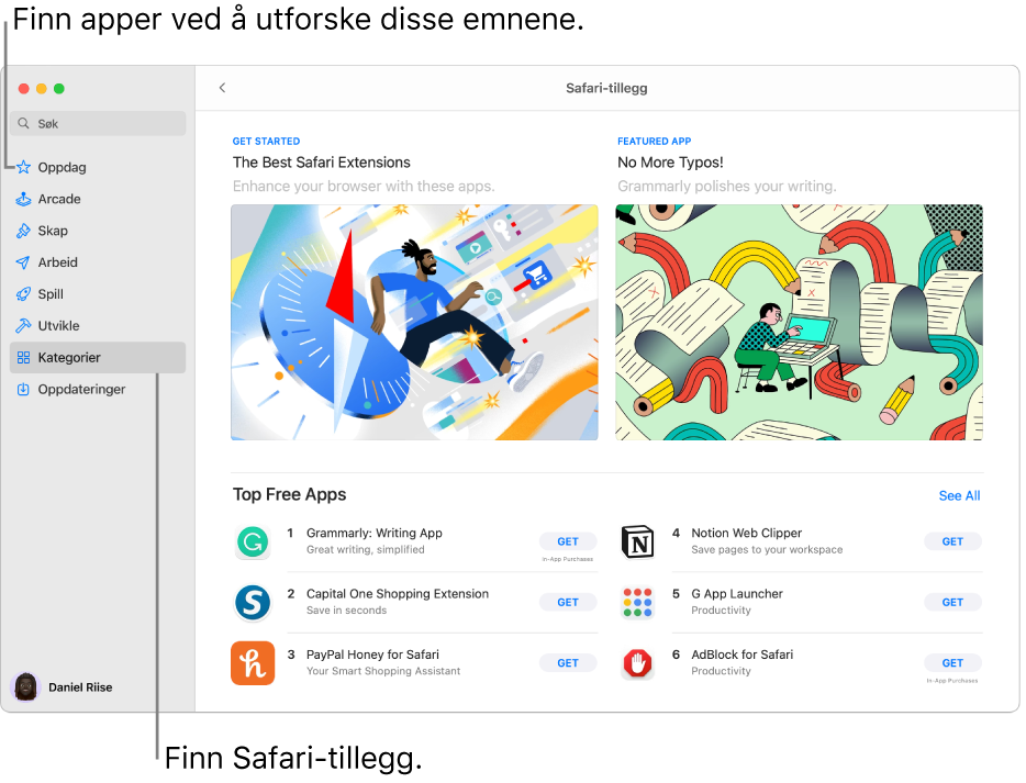 Siden for Safari-utvidelser i Mac App Store. Sidepanelet til venstre inneholder lenker til andre sider: Oppdag, Arcade, Skap, Arbeid, Spill, Utvikle, Kategorier og Oppdateringer. Til høyre er tilgjengelige Safari-utvidelser.