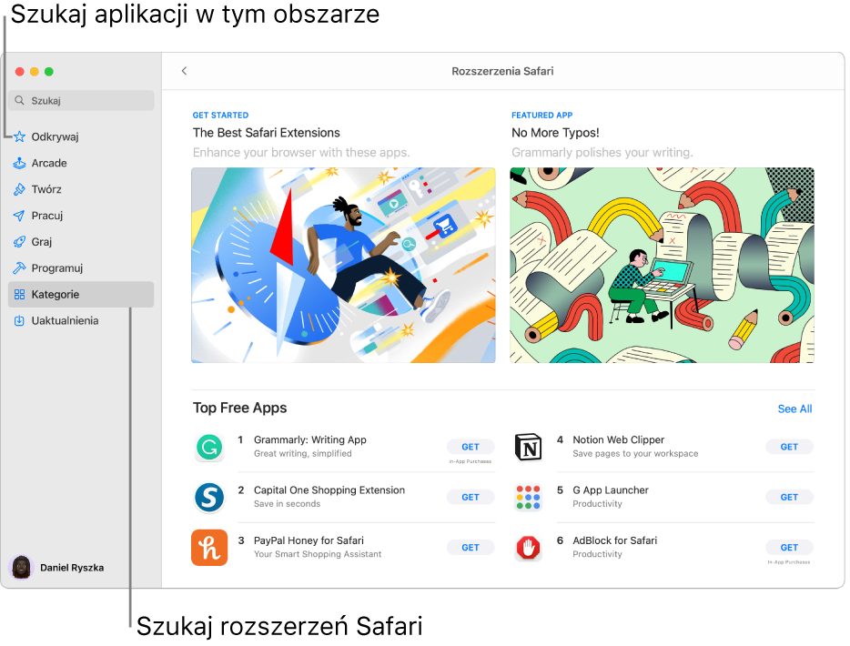 Strona z rozszerzeniami Safari w Mac App Store. Pasek boczny po lewej zawiera łącza do innych stron: Odkrywaj, Arcade, Twórz, Pracuj, Graj, Programuj, Kategorie i Uaktualnienia. Po prawej dostępne są rozszerzenia Safari.