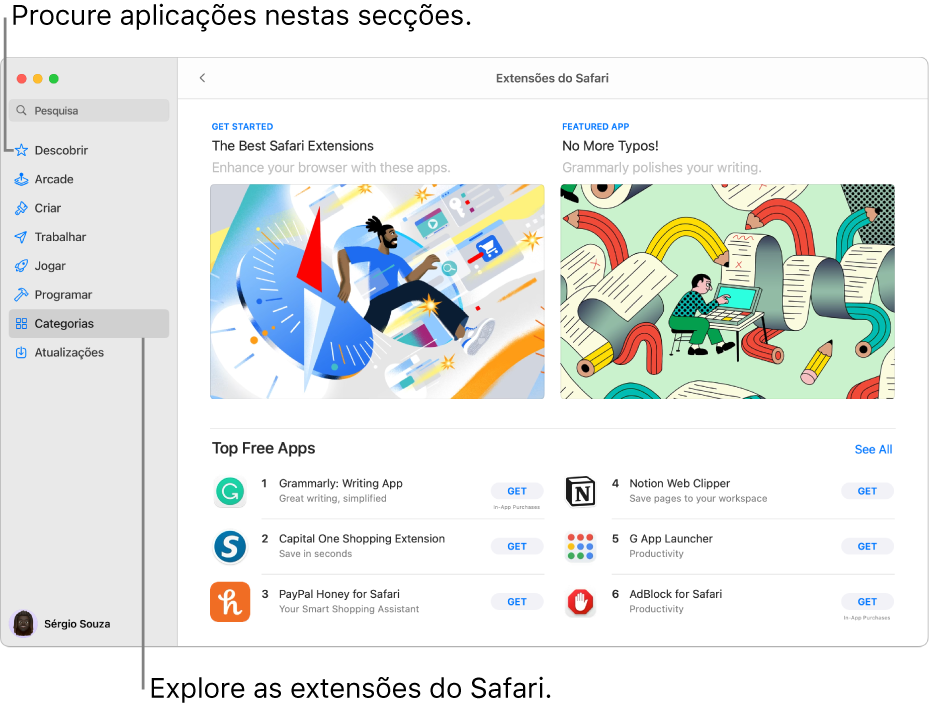 A página Extensões do Safari da Mac App Store. A barra lateral à esquerda inclui hiperligações para outras páginas: Descobrir, Arcade, Criar, Trabalhar, Jogar, Programar, Categorias e Atualizações. À direita estão disponíveis extensões do Safari.