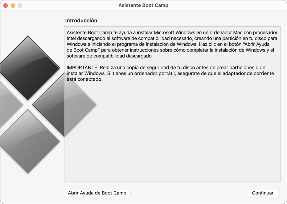 Panel de introducción de Boot Camp, con un botón de ayuda y otro botón para continuar con la instalación.