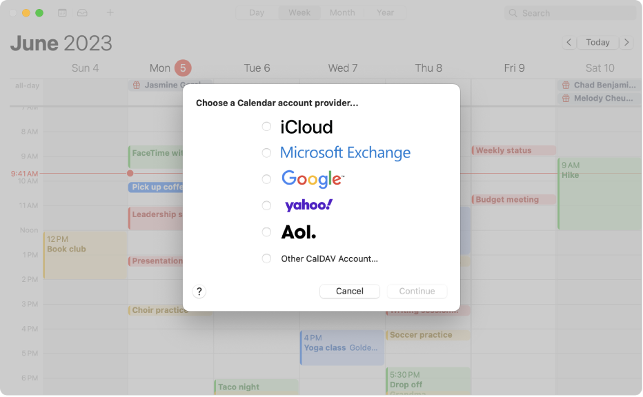 A Calendar window showing the account dialog.