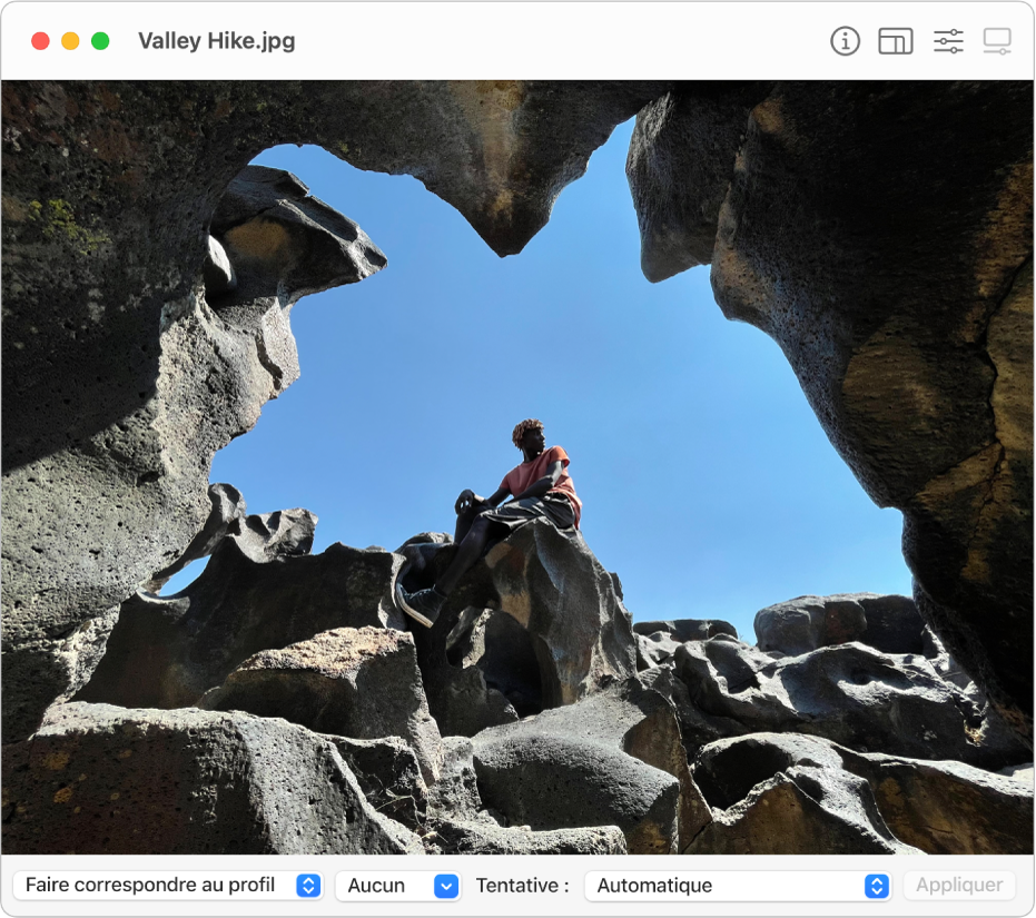 Fenêtre Utilitaire ColorSync affichant l’image d’un homme assis sur une planche de surf dans I’océan ou I’eau d’une baie.