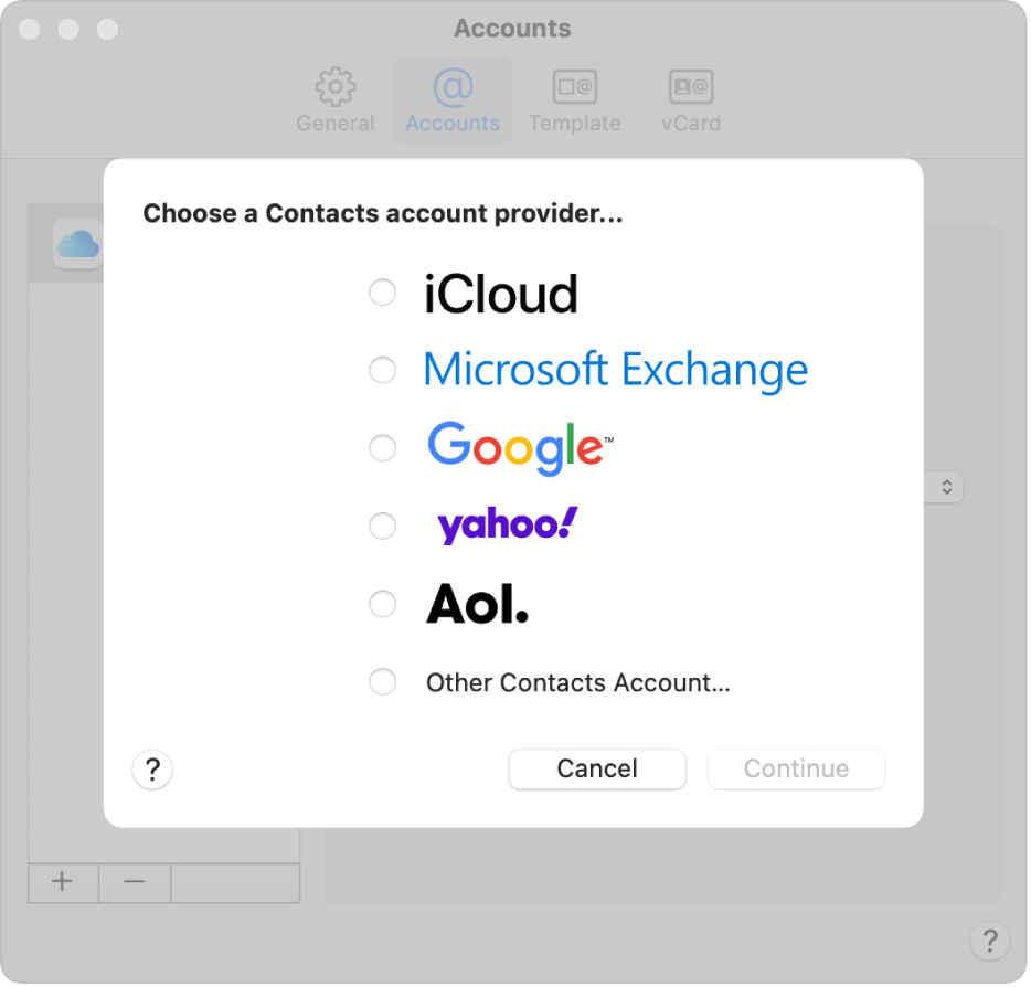 The window for adding internet accounts to the Contacts app.