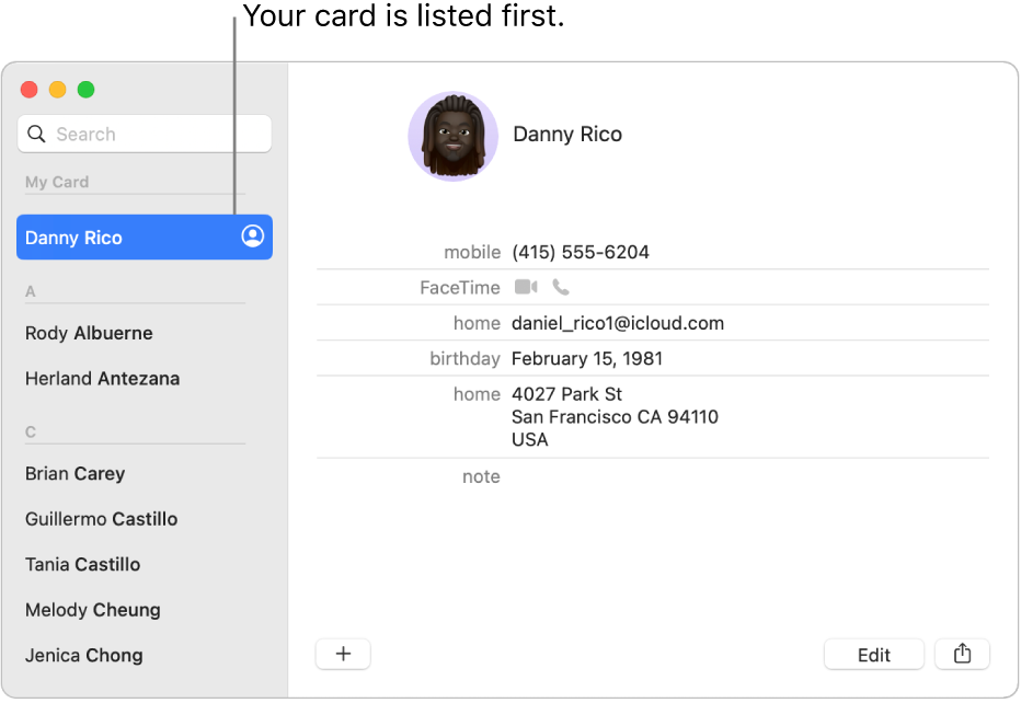 The Contacts sidebar showing the “me” card listed at the top.