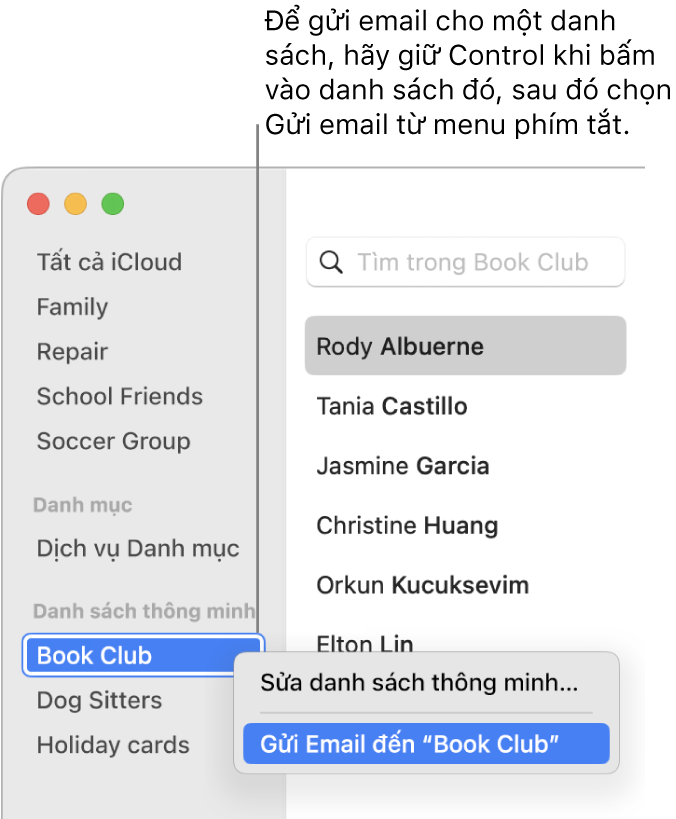 Thanh bên Danh bạ đang hiển thị menu bật lên với lệnh gửi email cho danh sách được chọn.