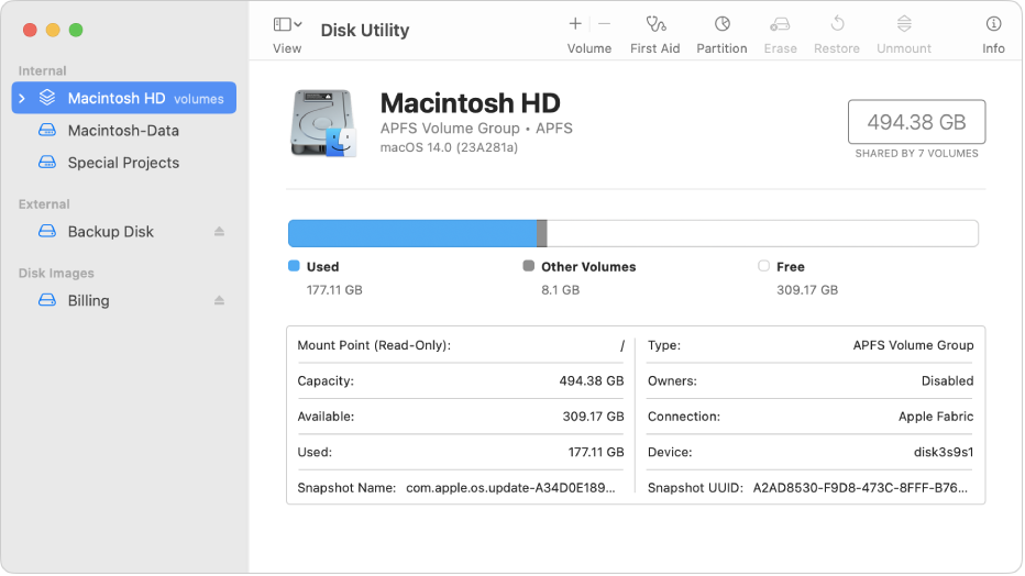 A Disk Utility window with Show Only Volumes view selected. The sidebar on the left displays two internal volumes, one external volume and one disk image volume. The right side of the window shows details about the selected volume.