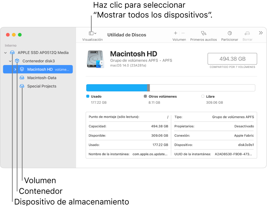 La ventana Utilidad de Discos con la visualización “Mostrar todos los dispositivos”.