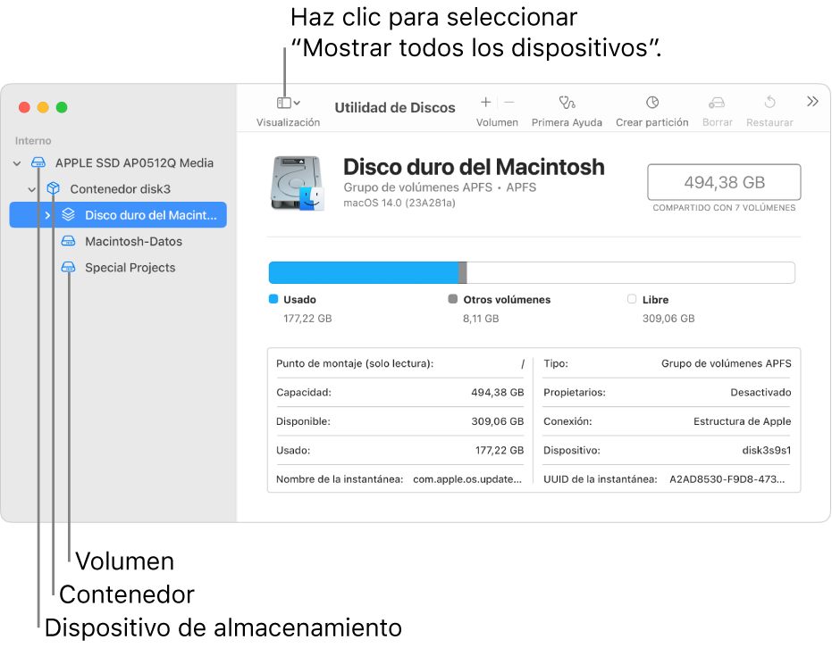 Una ventana de Utilidad de Discos con tres volúmenes, un contenedor y un dispositivo de almacenamiento en la visualización "Mostrar todos los dispositivos".