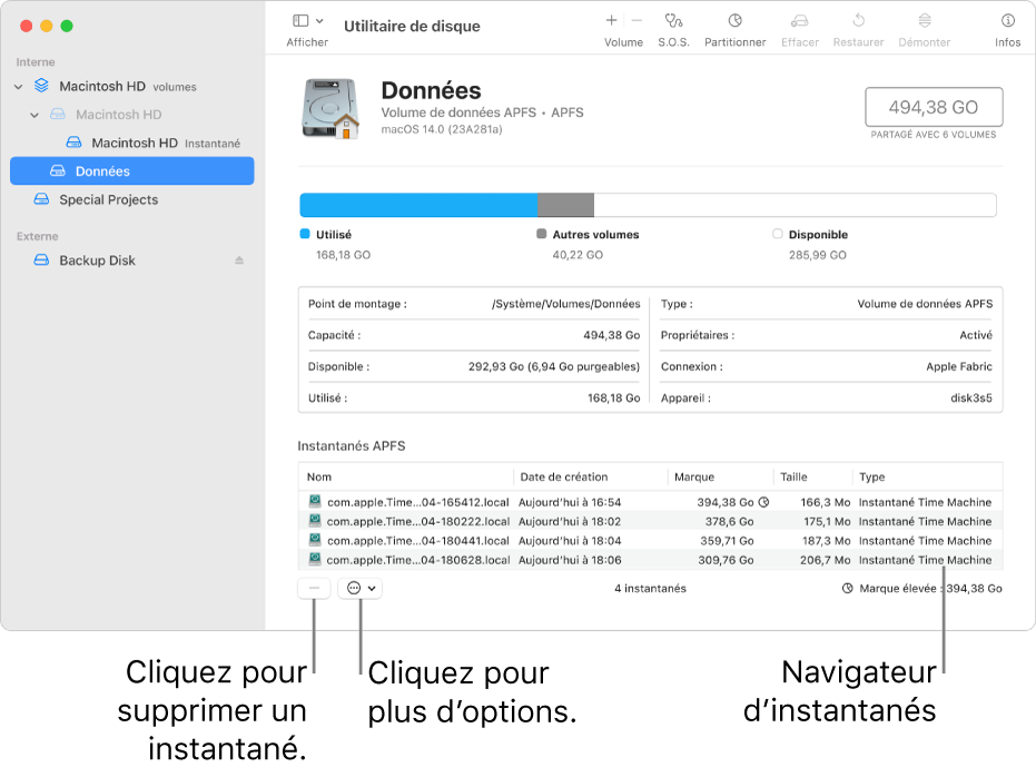 Une fenêtre Utilitaire de disque, qui montre le navigateur d’instantanés.