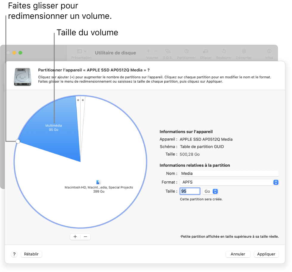 La fenêtre Partitions affichant un disque physique comportant plusieurs partitions.