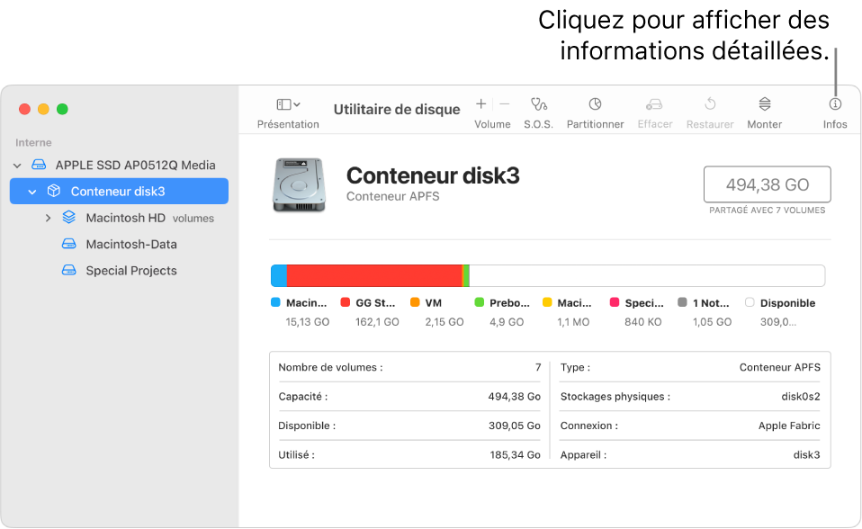 Une fenêtre Utilitaire de disque affichant un périphérique de stockage sélectionné dans la barre latérale et les informations le concernant à droite.