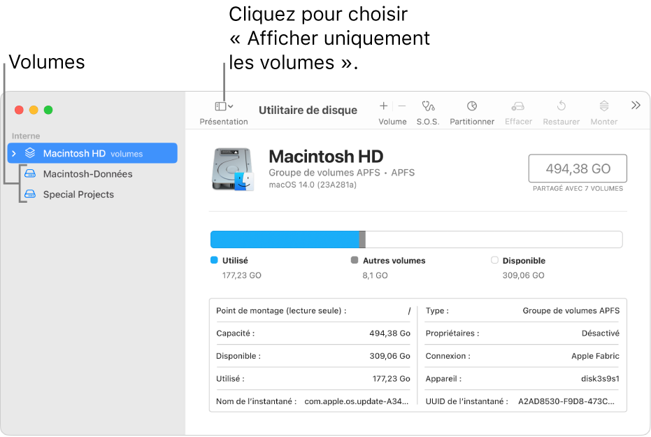 Une fenêtre Utilitaire de disque en présentation « Afficher uniquement les volumes ».