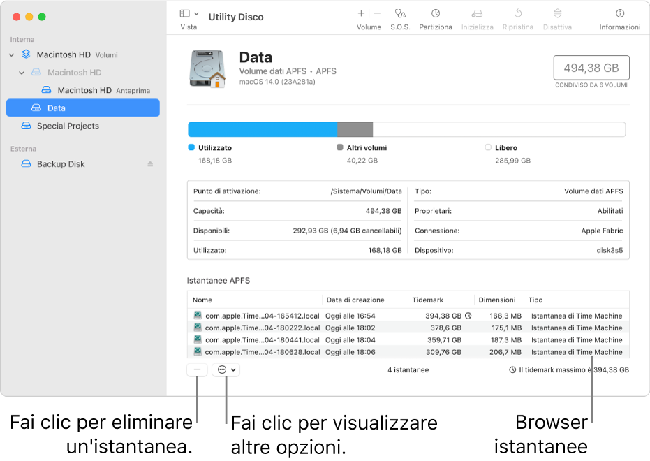 Una finestra di Utility Disco che mostra il browser delle istantanee.