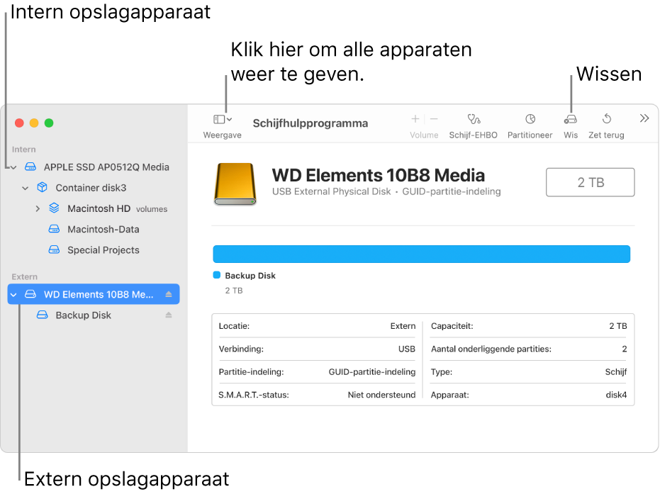 Een venster van Schijfhulpprogramma met twee opslagapparaten in de weergave 'Toon alle apparaten'.