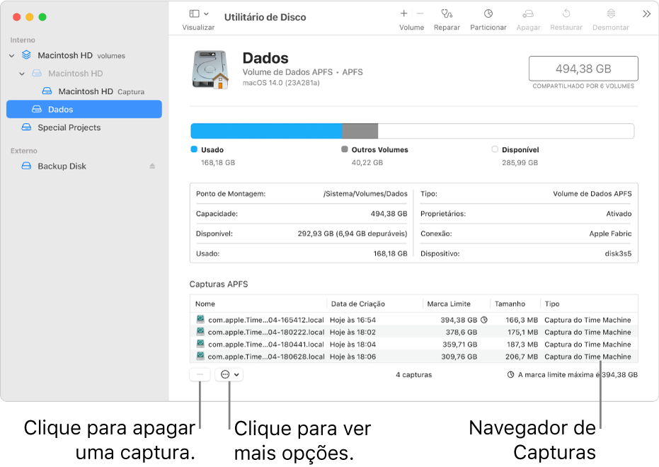 Janela do Utilitário de Disco mostrando o navegador de capturas.