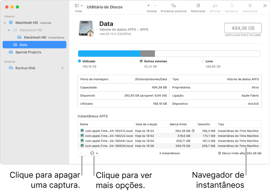 Uma janela do Utilitário de Discos a mostrar o navegador de instantâneos.