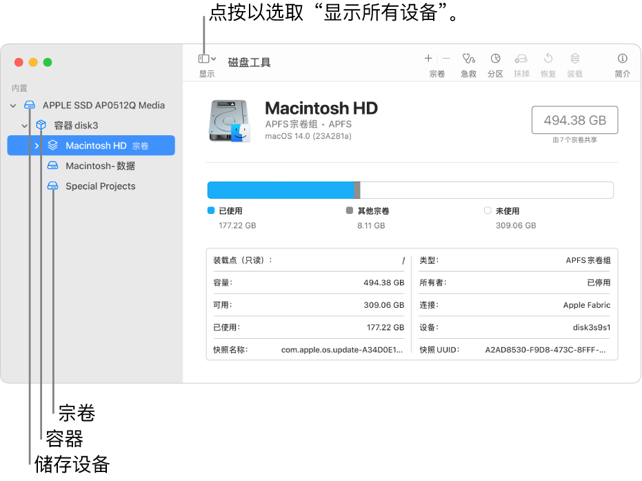 “磁盘工具”窗口，在“显示所有设备”视图下显示三个宗卷、一个容器和一个储存设备。
