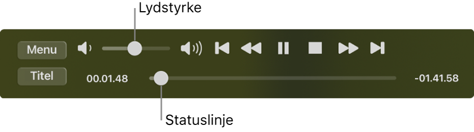 Betjeningspanelet til afspilning i Dvd-afspiller med lydstyrkemærket øverst til venstre og tidslinjen nederst. Træk statushåndtaget på tidslinjen for at gå til et andet sted i filmen.