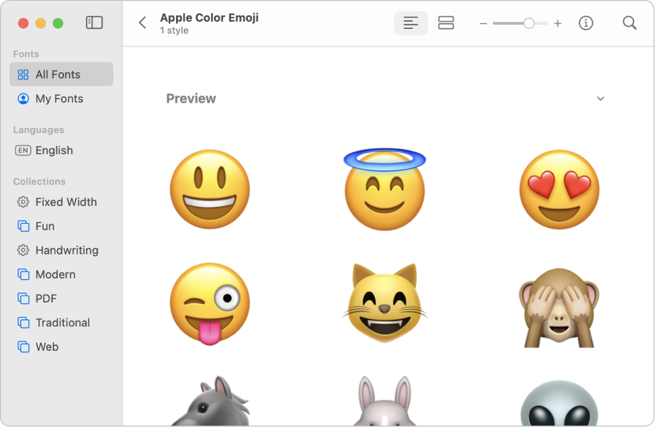 The Font Book window showing a preview of the Apple Colour Emoji font.