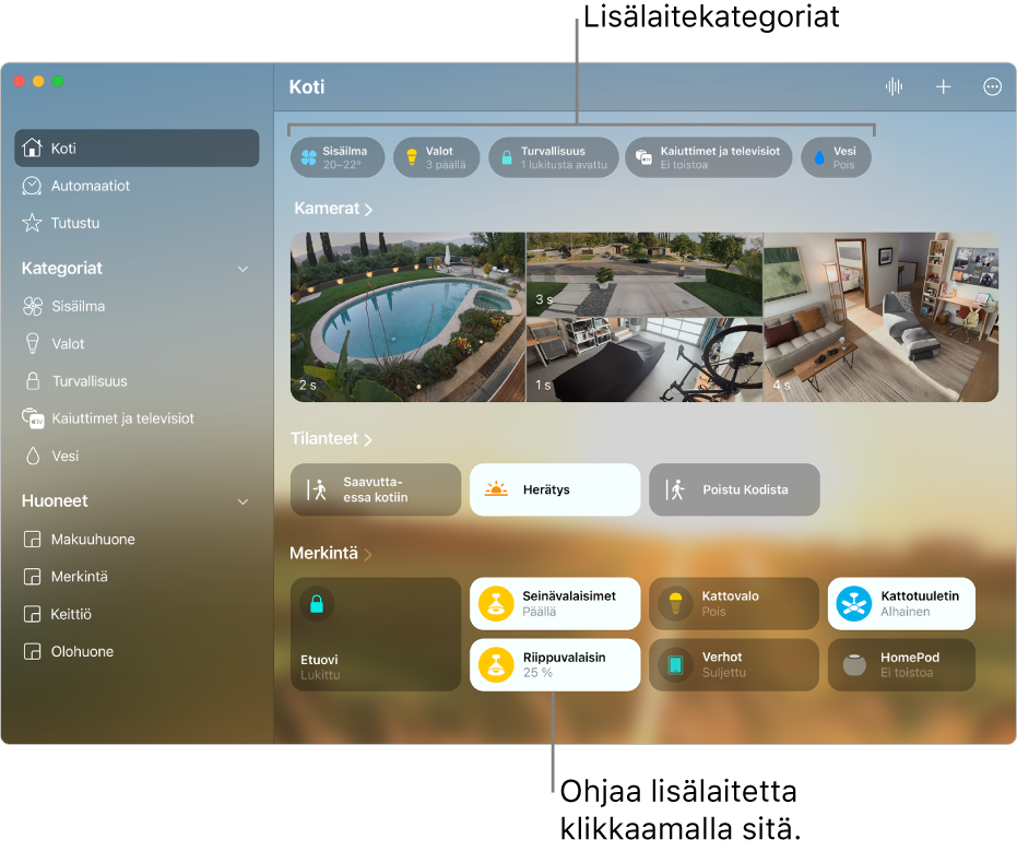 Kotinäkymä, jonka ylälaidassa näkyvät lisälaitekategoriat ja niiden alla kamerasyötteet, tilanteiden laatat ja lisälaitteiden laatat huoneelle ”Sisääntulo”.