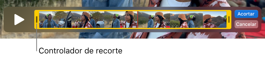 Un clip en la ventana de QuickTime Player, que muestra parte del clip limitada por los tiradores amarillos y el resto fuera de estos tiradores. El botón Acortar y el botón Cancelar están a la derecha.