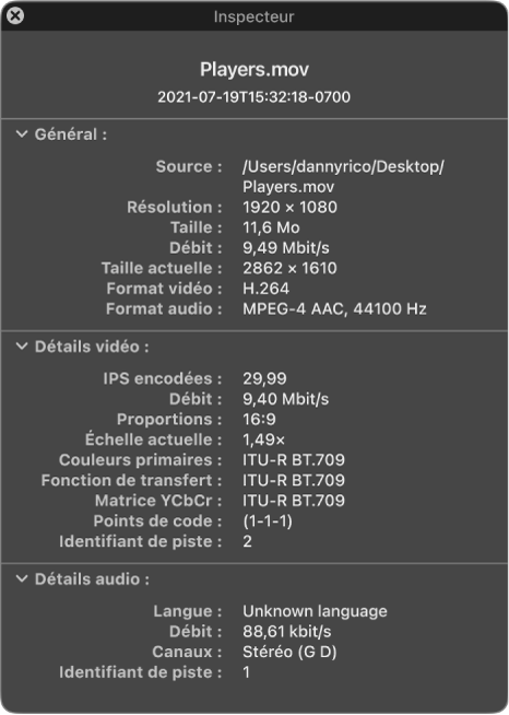 L’inspecteur de vidéo affichant les informations générales sur le fichier, dont la résolution, la taille des données, ainsi que le format vidéo et audio. La fenêtre indique également les détails vidéo et audio du fichier sélectionné.