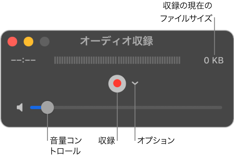 「オーディオ収録」ウインドウ。ウインドウ中央に収録ボタンおよび「オプション」ポップアップメニューがあり、下部に音量コントロールがあります。