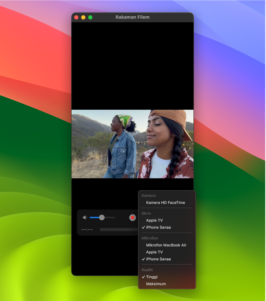 Tetingkap QuickTime Player pada Mac sementara merakam menggunakan iPhone.