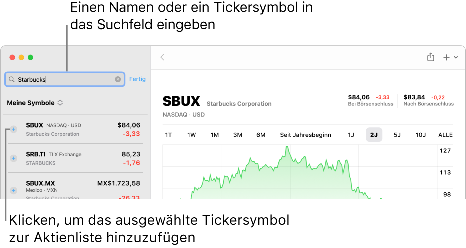 Ein Fenster „Aktien“ mit dem Suchfeld, einer Liste mit Suchergebnissen und der Taste „Zur Aktienliste hinzufügen“.