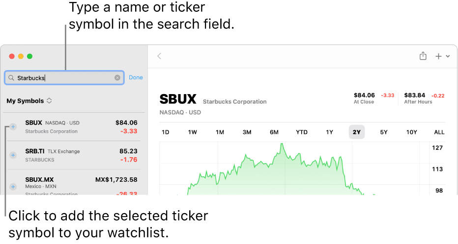 A Stocks window showing the search field, a list of search results, and the Add to Watchlist button.