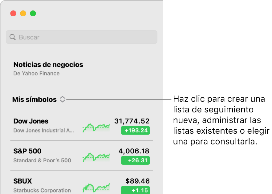 El menú desplegable de la lista de seguimiento en la parte superior de la barra lateral con el nombre de la lista de seguimiento actual.