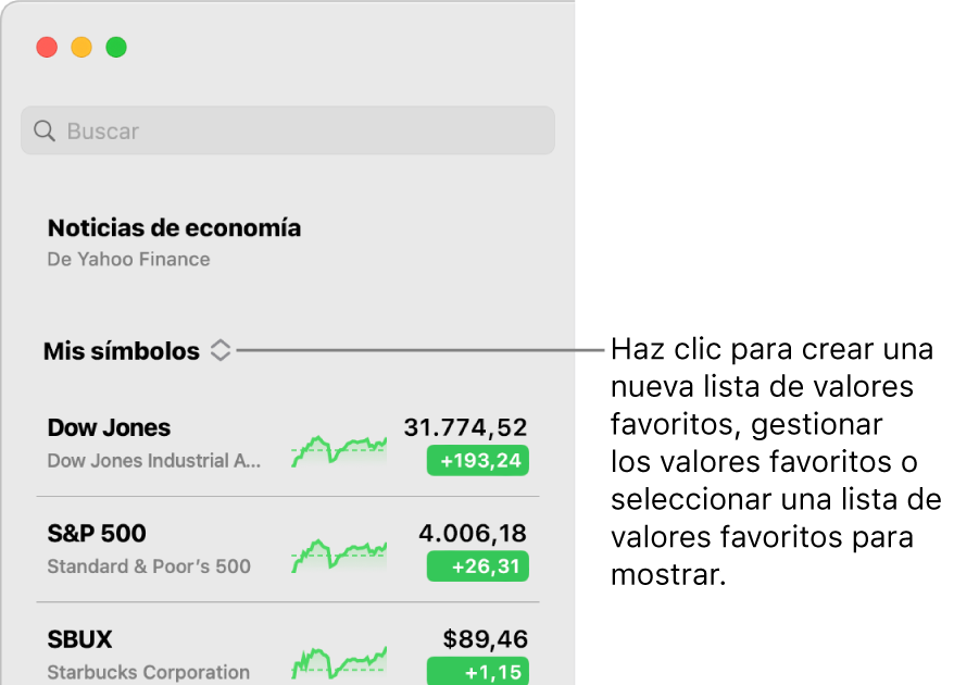 El menú desplegable de la lista de símbolos favoritos en la parte superior de la barra lateral con el nombre de la lista de valores favoritos actual.