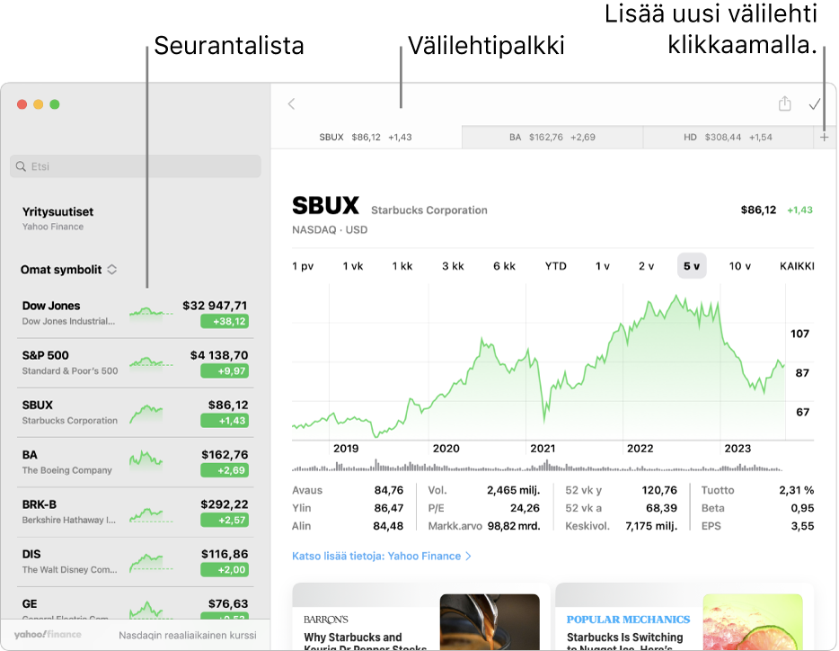 Pörssin ikkuna. Vasemmalla on seurantalista, jossa yksi osakesymboli on valittuna. Oikeassa osiossa on sitä vastaava kaavio ja uutissyöte. Valittujen osakesymboleiden välilehdet ovat ikkunan yläreunassa. Niiden vieressä on plus-merkki, jolla voidaan lisätä uusi välilehti.