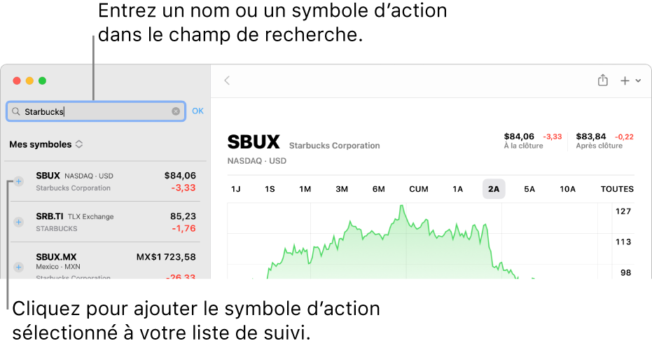 Une fenêtre de Bourse qui affiche le champ de recherche, une liste de résultats de recherche et le bouton Ajouter à la liste de suivi.